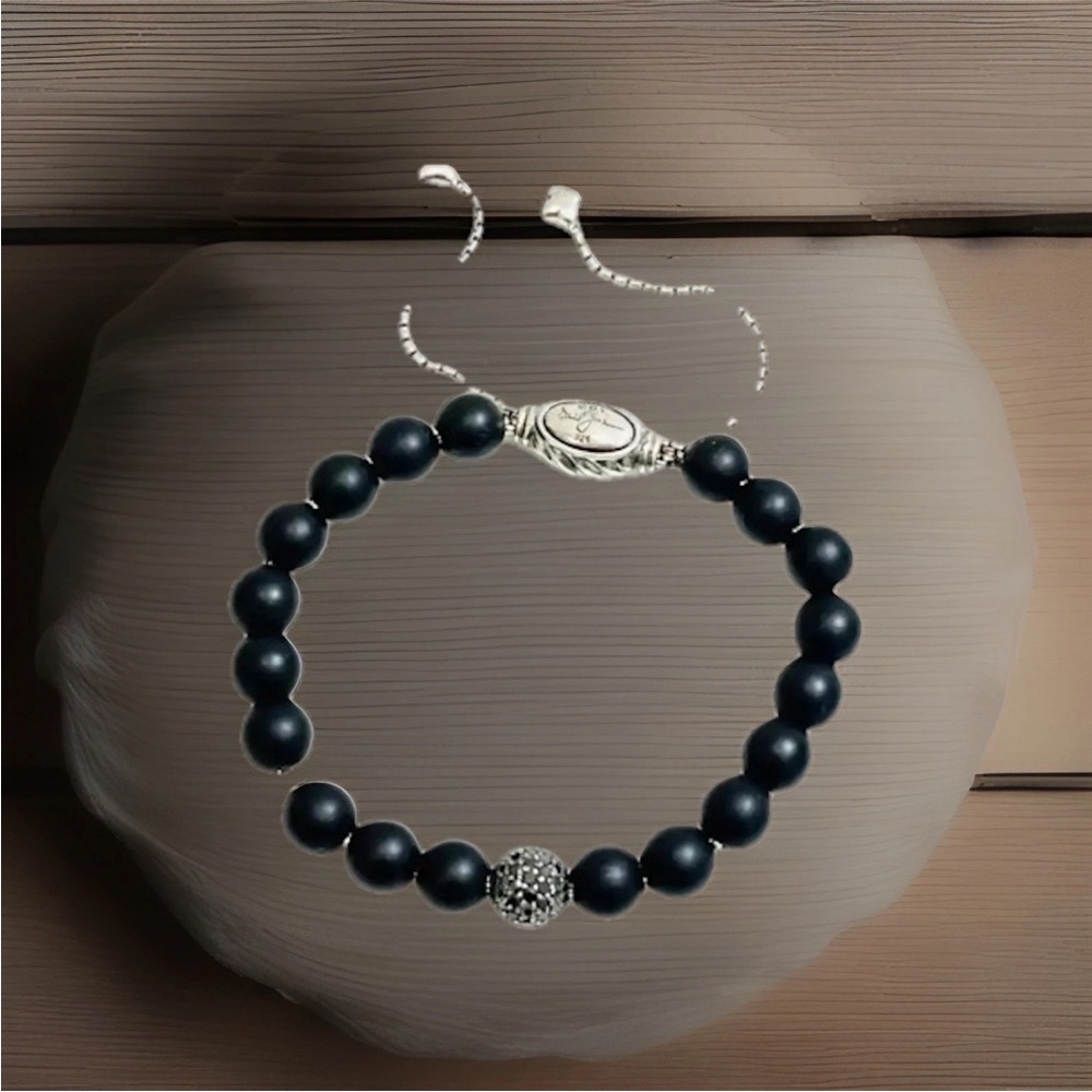 David Yurman Diamond & Onyx Beads Spiritual Bracelet Silver Chain, Slider Clasp